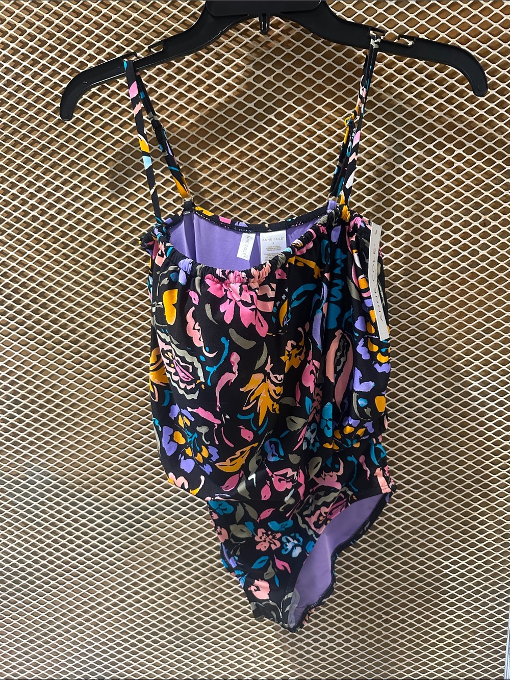 Anne Cole Black Floral One-Piece Swimsuit with Pink, Purple & Yellow Accents